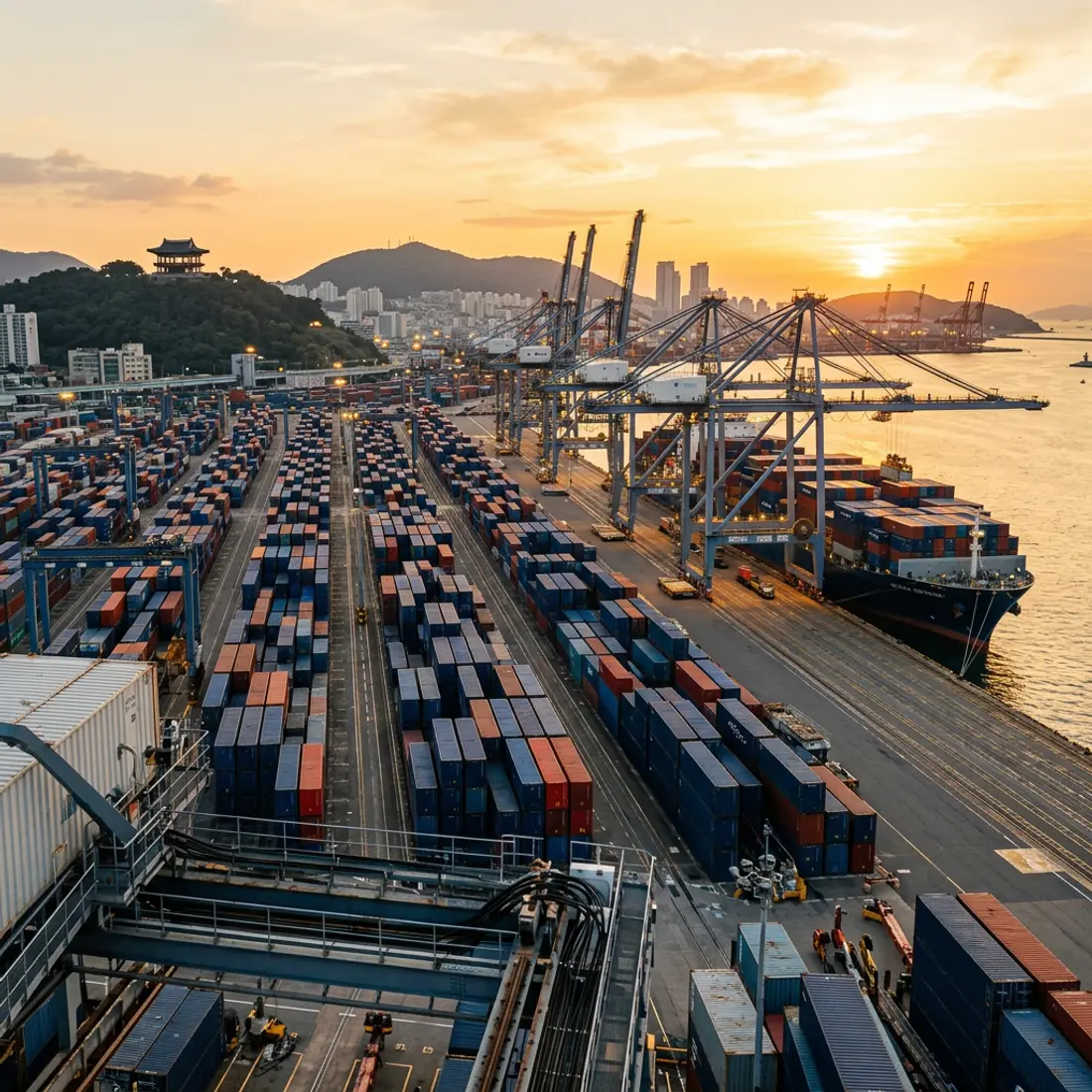 Korean container port at sunset